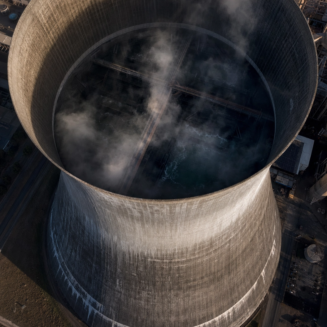 Aerial drone inspection view of a large cooling tower at a power plant with steam rising from the top and the surrounding industrial area by DeepSky IQ.