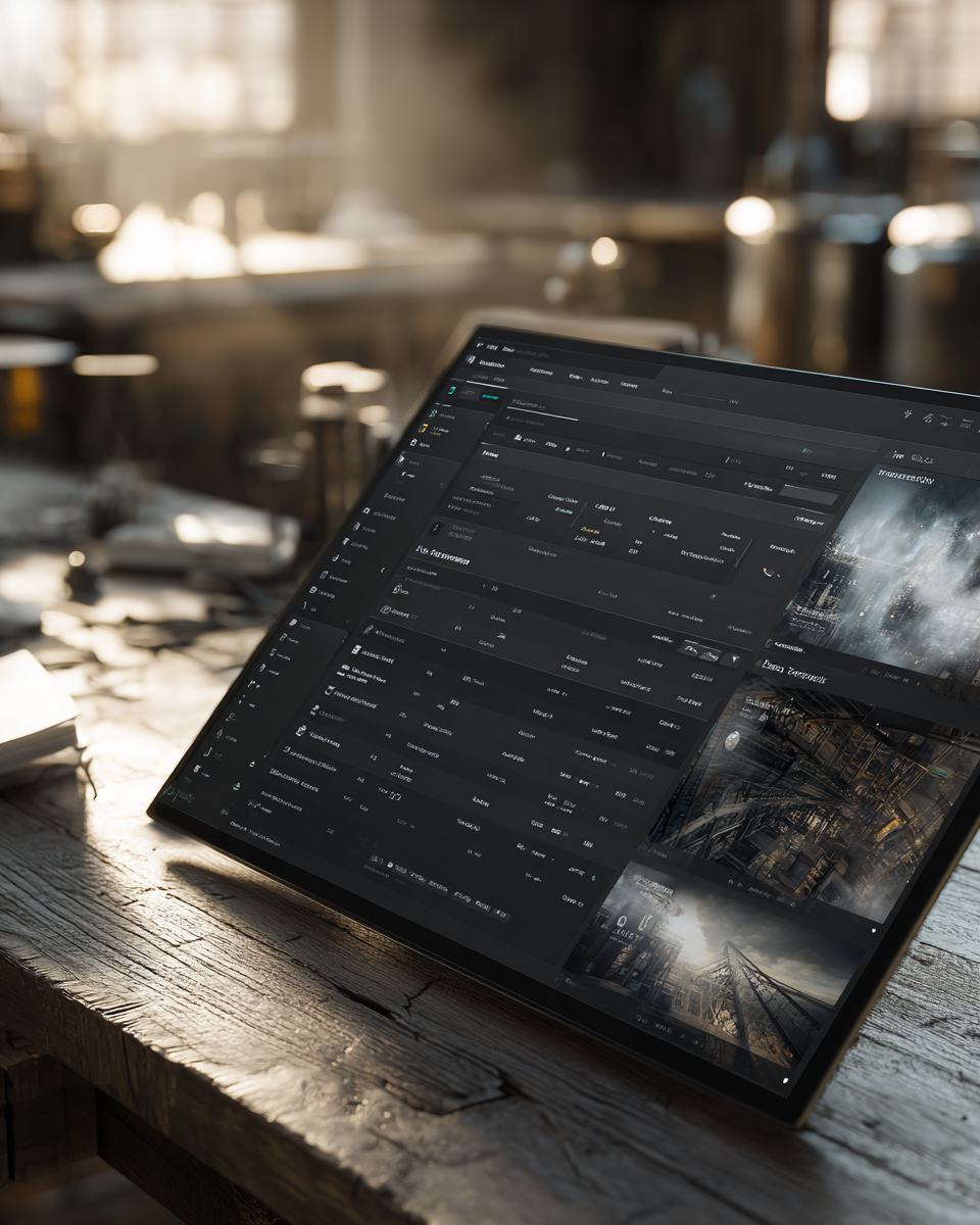 A tablet on a wooden table displaying photo editing software with dark mode interface and multiple image layers, in a warmly lit industrial-style room.