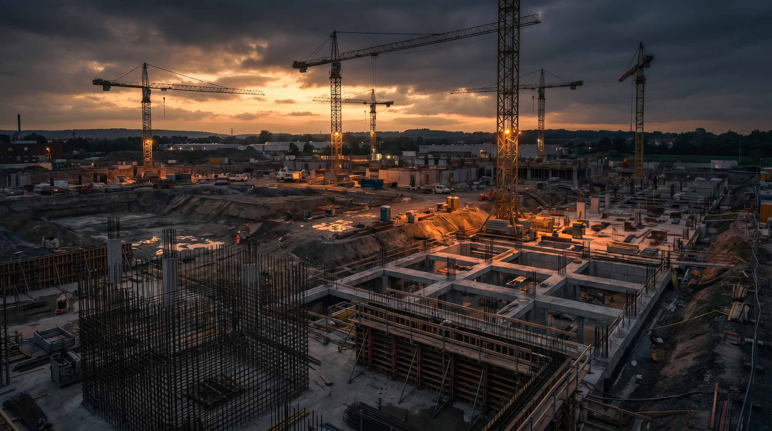 Construction site at sunset with multiple cranes and unfinished buildings, fly-through images and time-lapse example by DeepSky IQ.