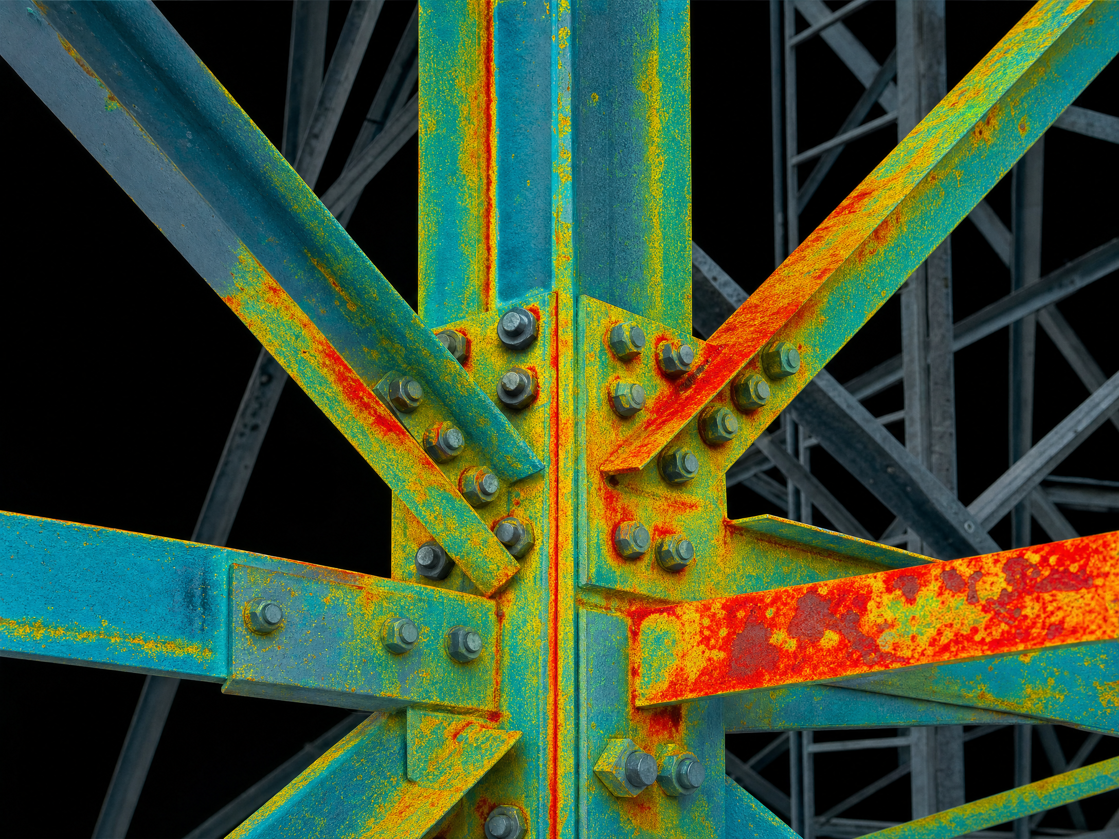 Close-up of a truss with rust, paint peeling, and bolts showing through hyperspectral imaging by DeepSky IQ