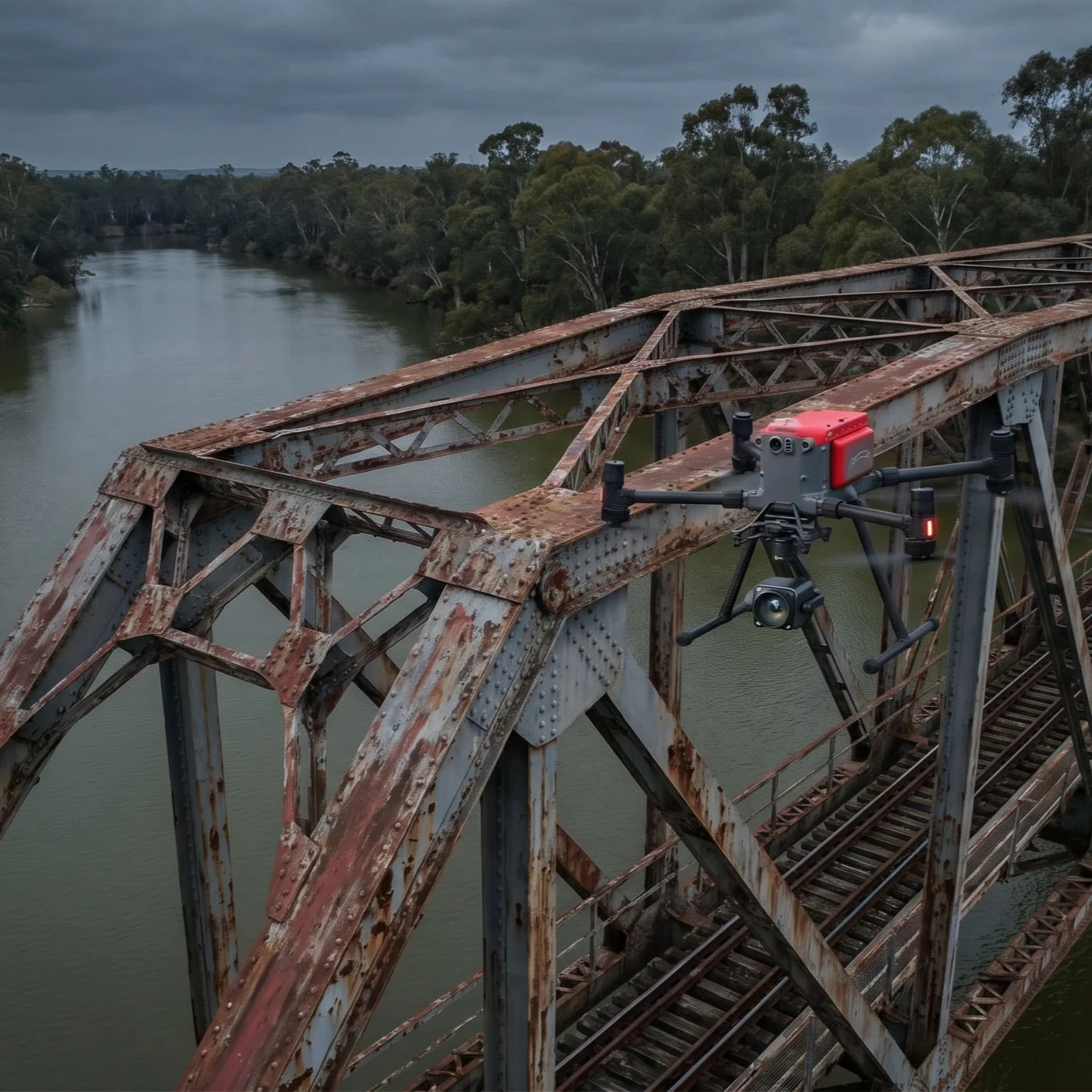 A drone asset inspection of an old, rusty railway bridge over a river, with lush green trees on both banks and a cloudy sky overhead by DeepSky IQ.