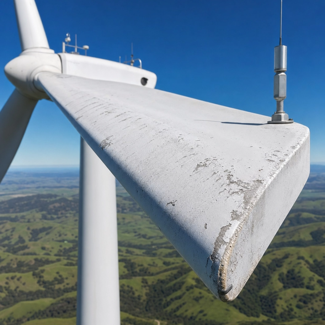 Close-up inspection by DeepSky IQ of a wind turbine blade leading edge with visible wear and peeling paint against a landscape of rolling green hills and a blue sky.
