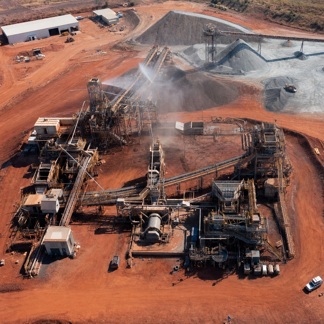 Aerial drone view of an industrial mining site with large machinery, conveyor belts, and piles of extracted materials, set on red dirt terrain for drone inspections by DeepSky IQ.
