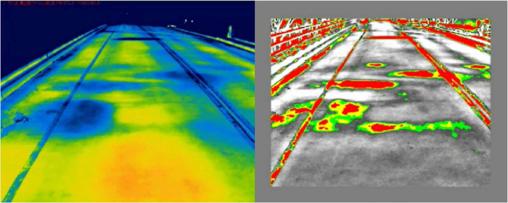 Left side shows a thermal image of a bridge with shades of blue, yellow, and green. Right side shows a thermal fusion image of the bridge overlaid with red and green markings indicating specific features or defects.
