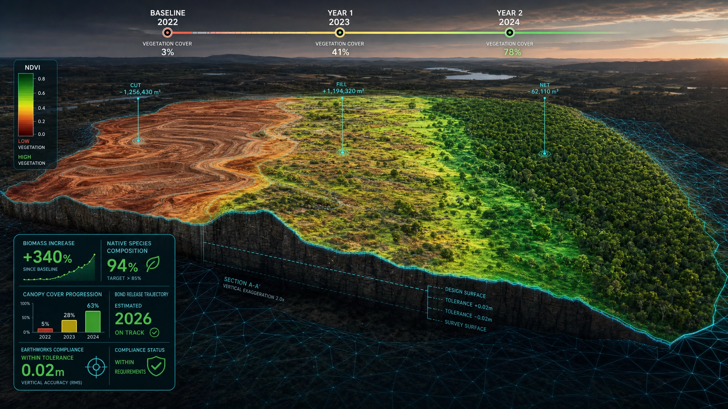 This image Digital twin mapping from DeepSky Terra illustrates the "not 'it looks green' but 'biomass has increased 340% since baseline with 94% native species composition" to improve compliance for EPA 2024