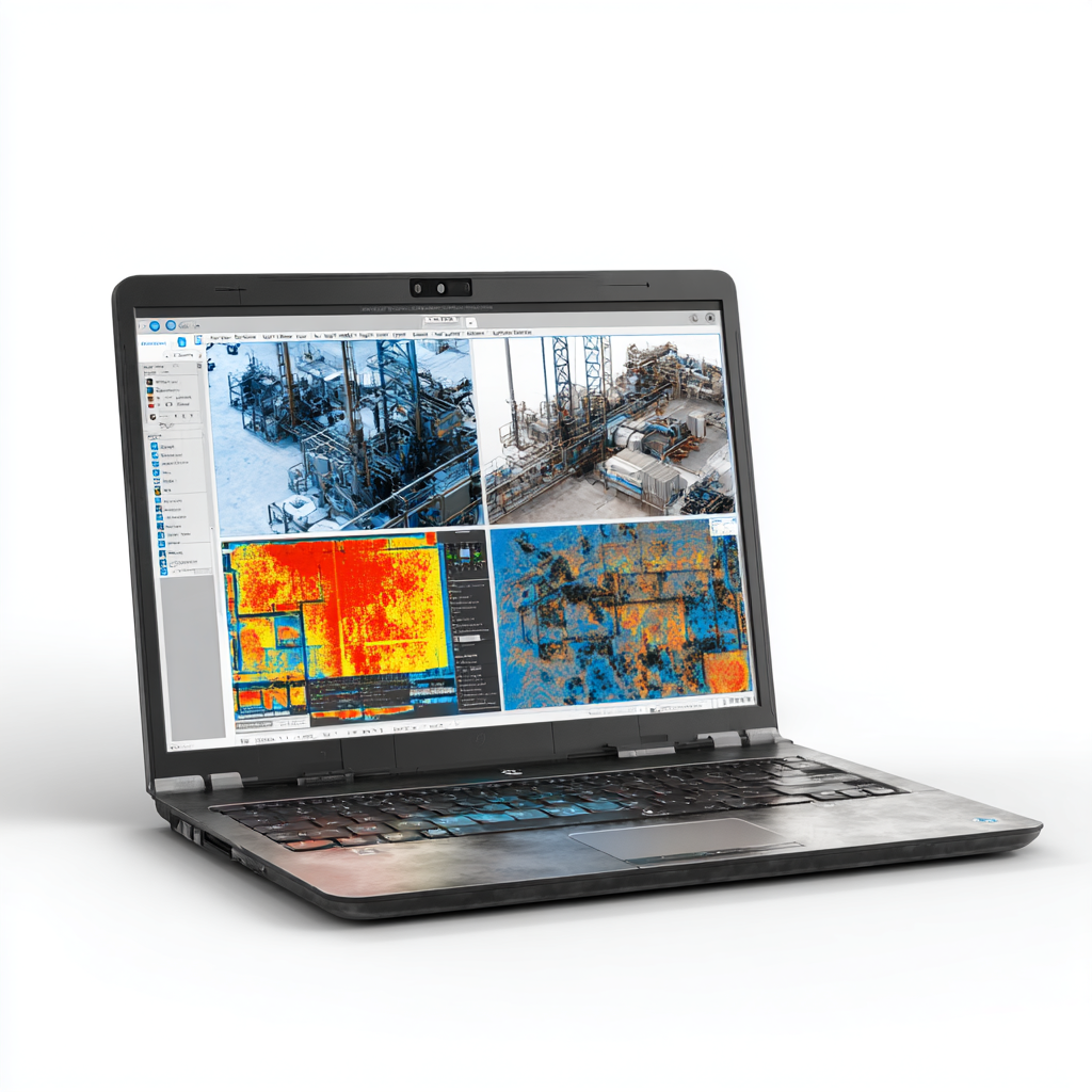A digital representation of integrated IoT digital twins of an asset being monitored by a laptop with data and images of an industrial asset or equipment, with a focus on analysis and surveillance of a factory or power plant by DeepSky IQ.