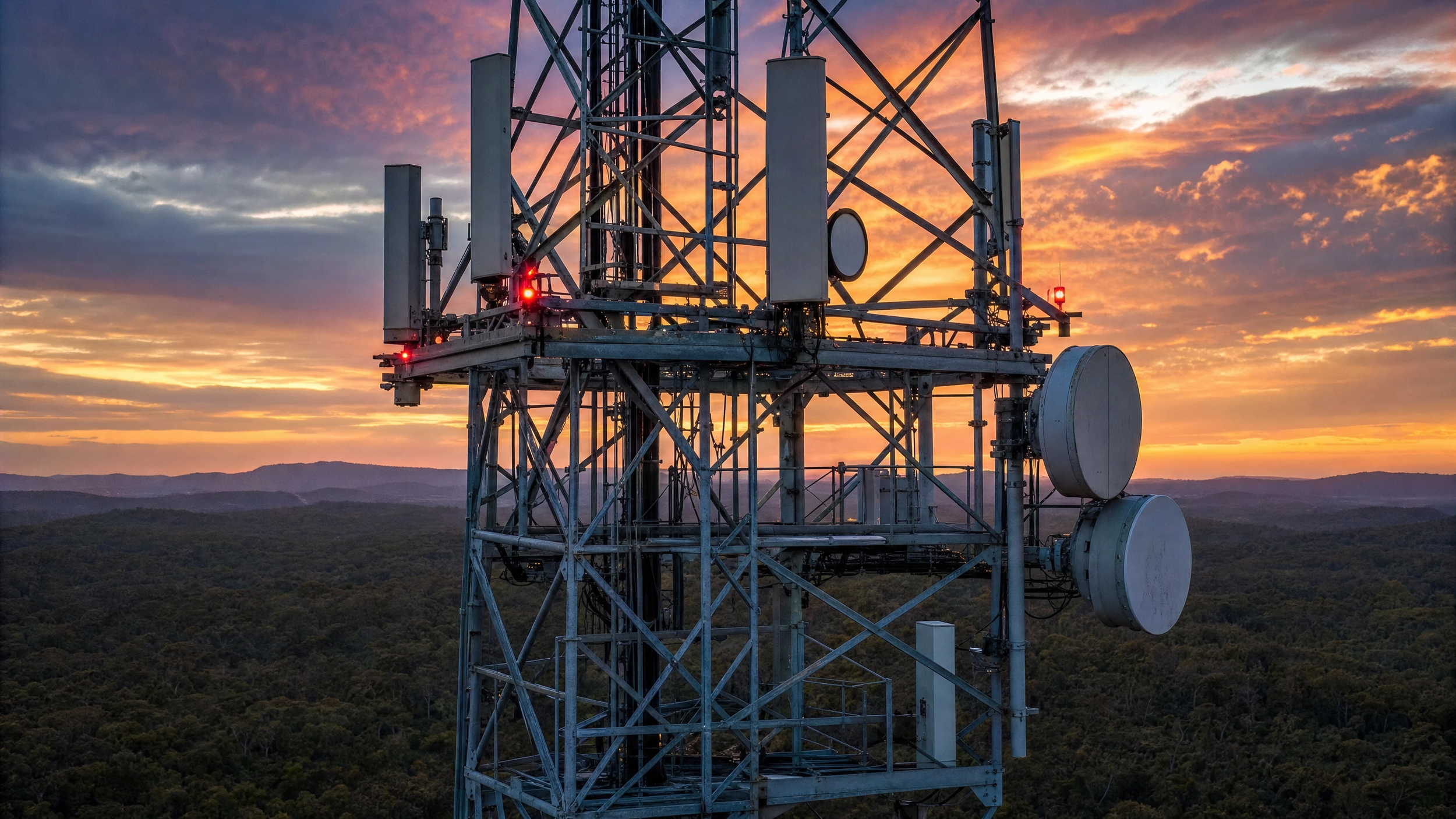 A drone inspection image of a telecommunications tower, antennas and dishes by DeepSky IQ