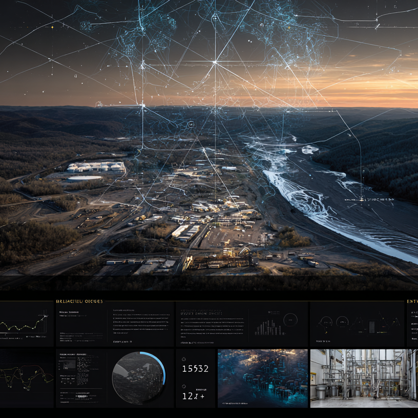 Aerial view of an industrial area with a river running through it, overlaid with digital graphics and data, including graphs, charts, and numerical information, suggesting a technological or data analysis theme.