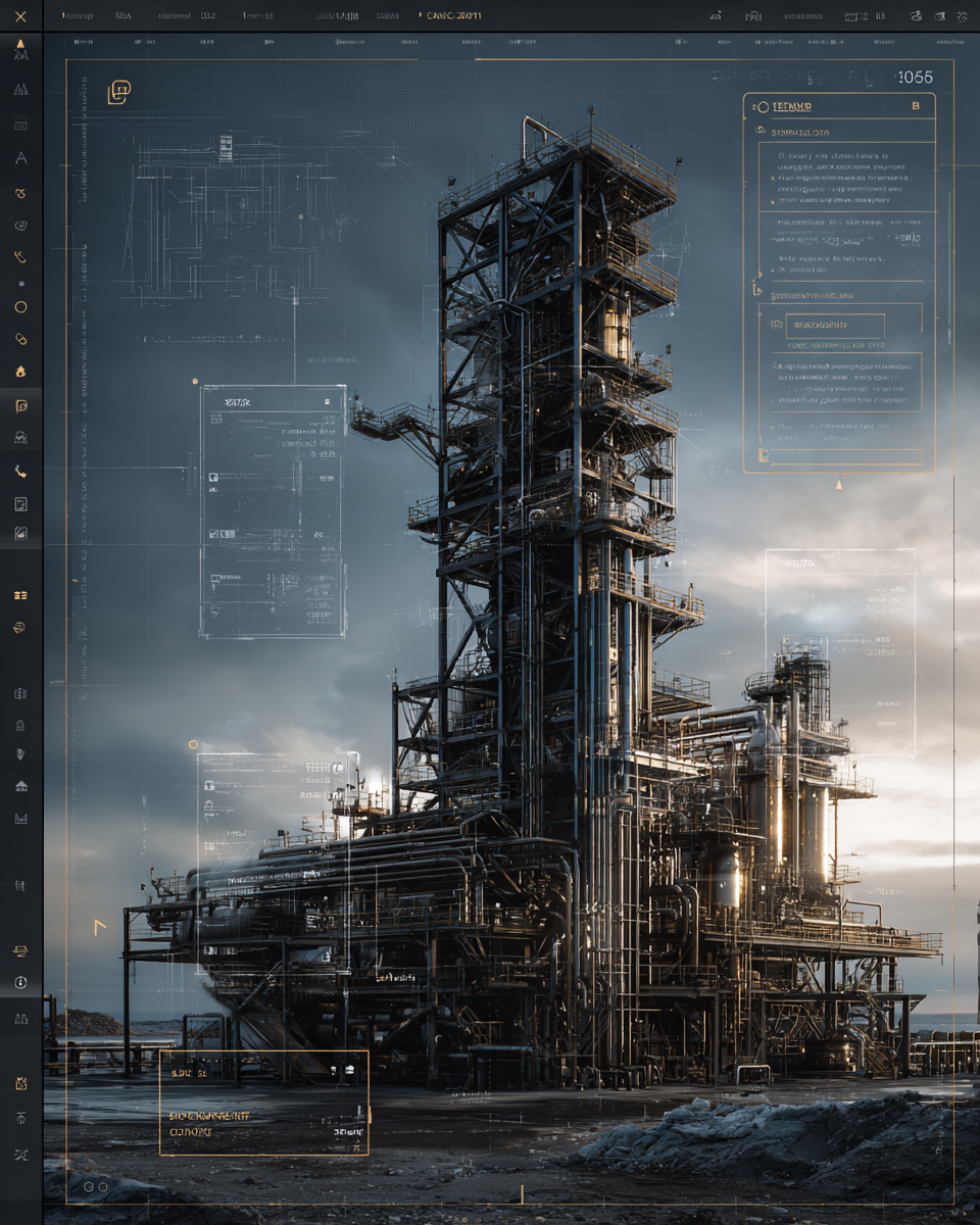 Industrial refinery with complex pipes and structures, shown through a digital blueprint overlay with technical details and interface elements.