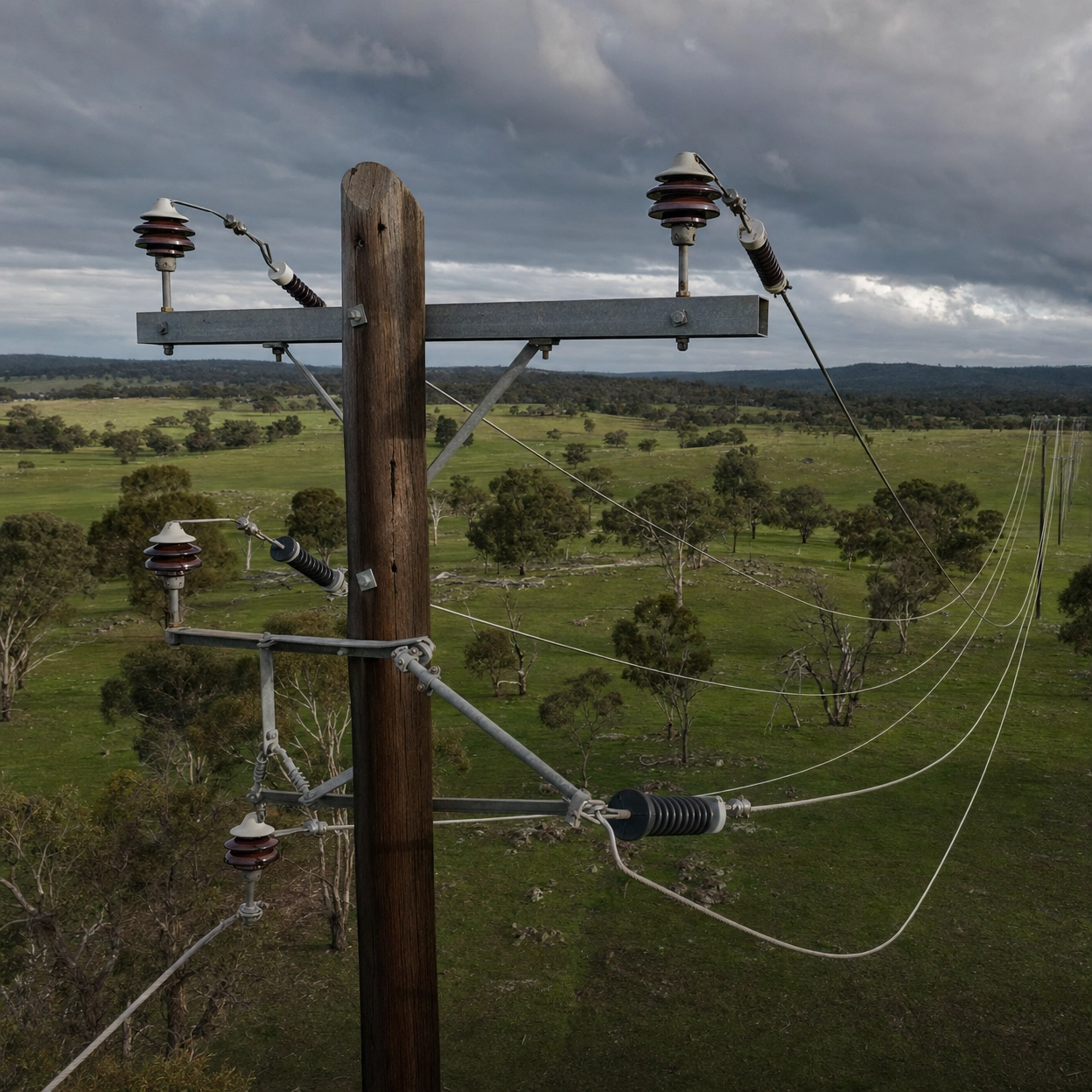 A drone inspection image by DeepSky IQ of a wooden utility pole with electrical insulators and wires, set against a green rural landscape with trees and a cloudy sky.