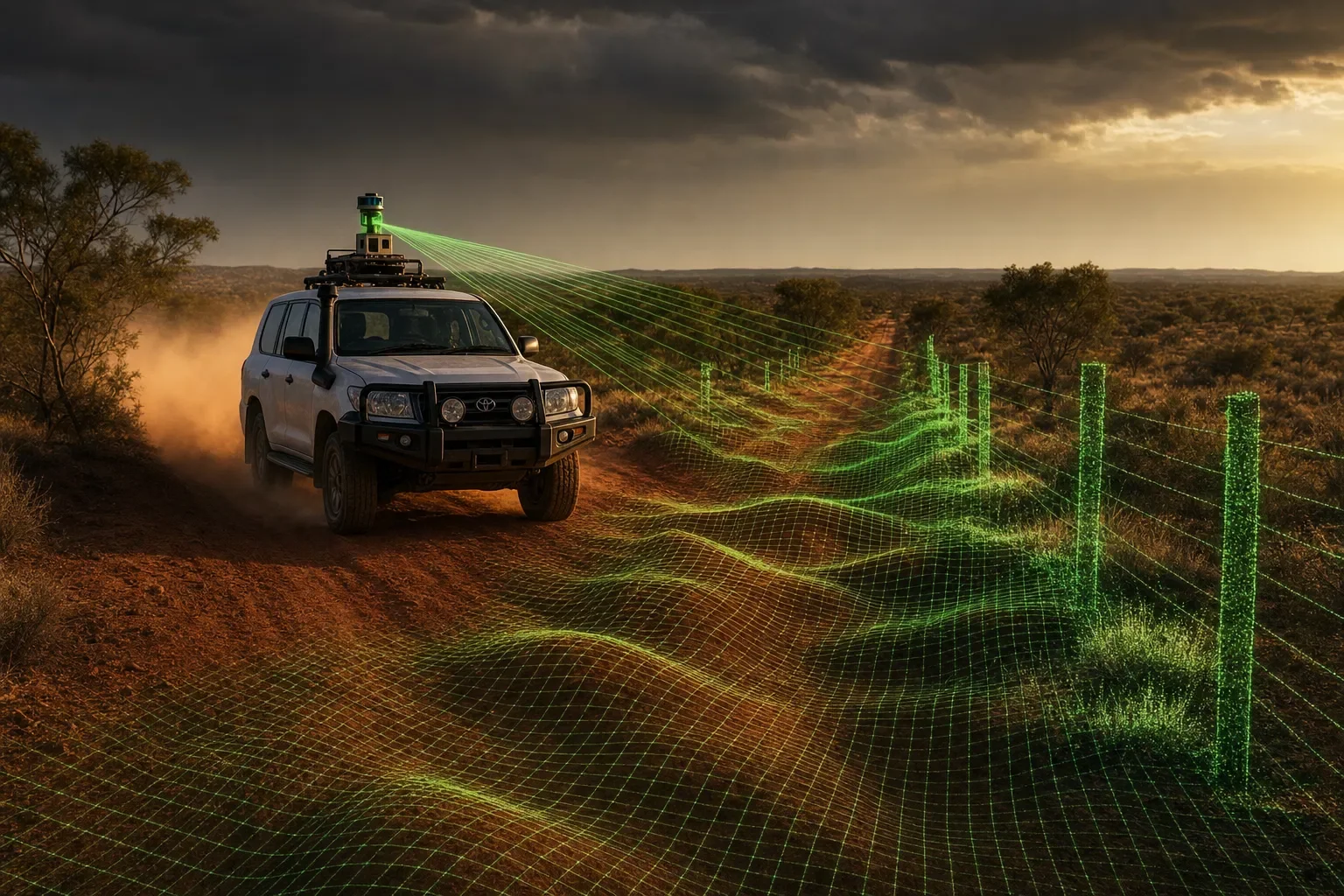 A digital representation of a capability from DeepSky IQ of a vehicle with a camera and sensor equipment on top, driving on a dirt road, with a digital green scan projection showing data overlays