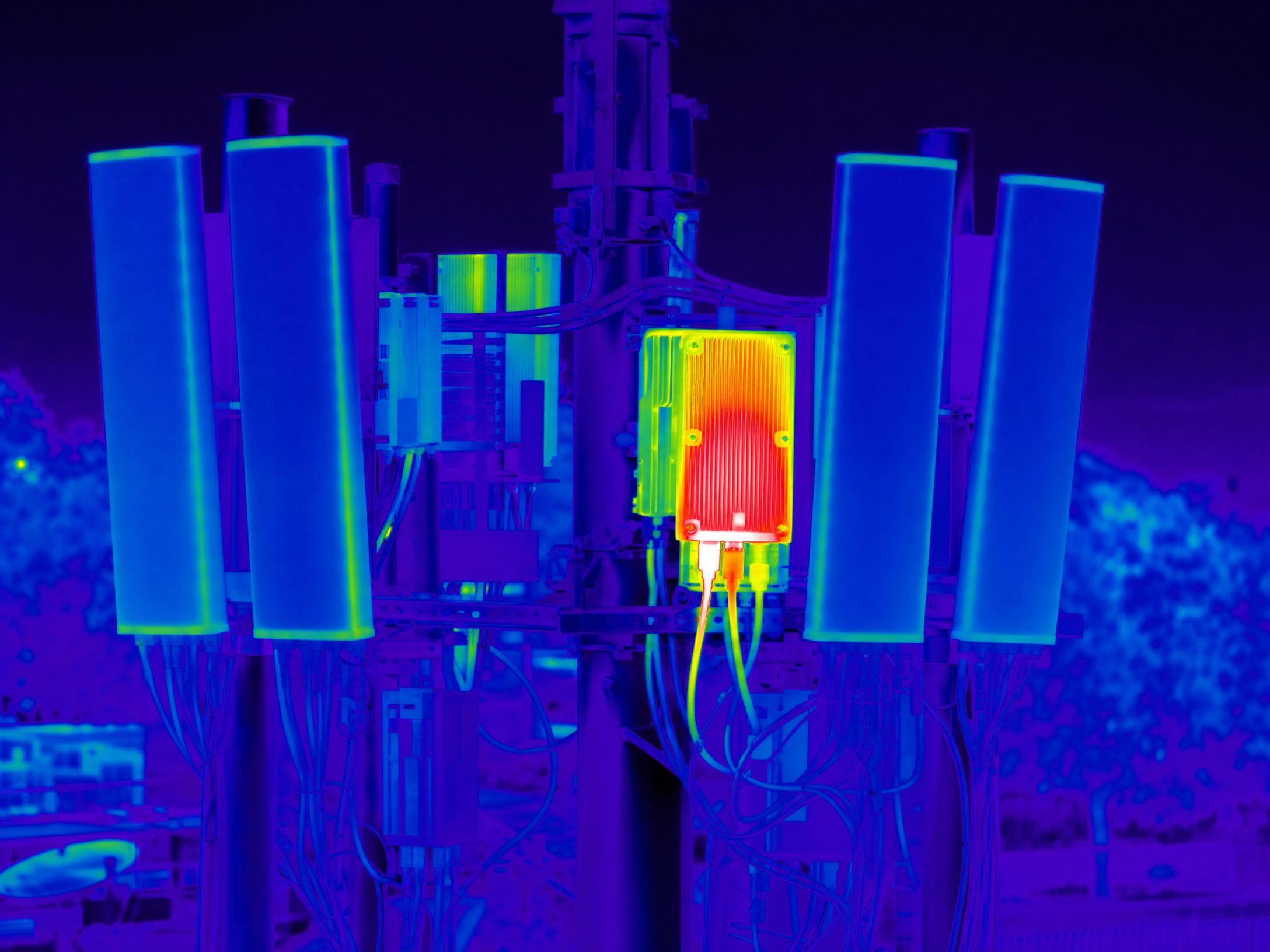 A 5G tower inspection with thermal imaging colours overlay indicating temperature differences, by a drone from DeepSky IQ
