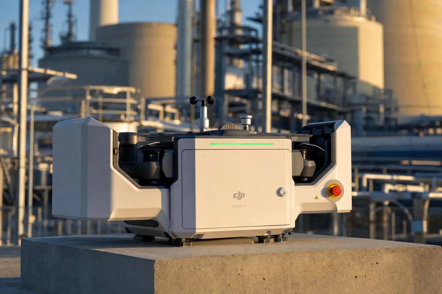 A drone dock station with a red emergency stop button in an industrial setting with tanks and pipes in the background for remote monitoring and security by deepsky iq