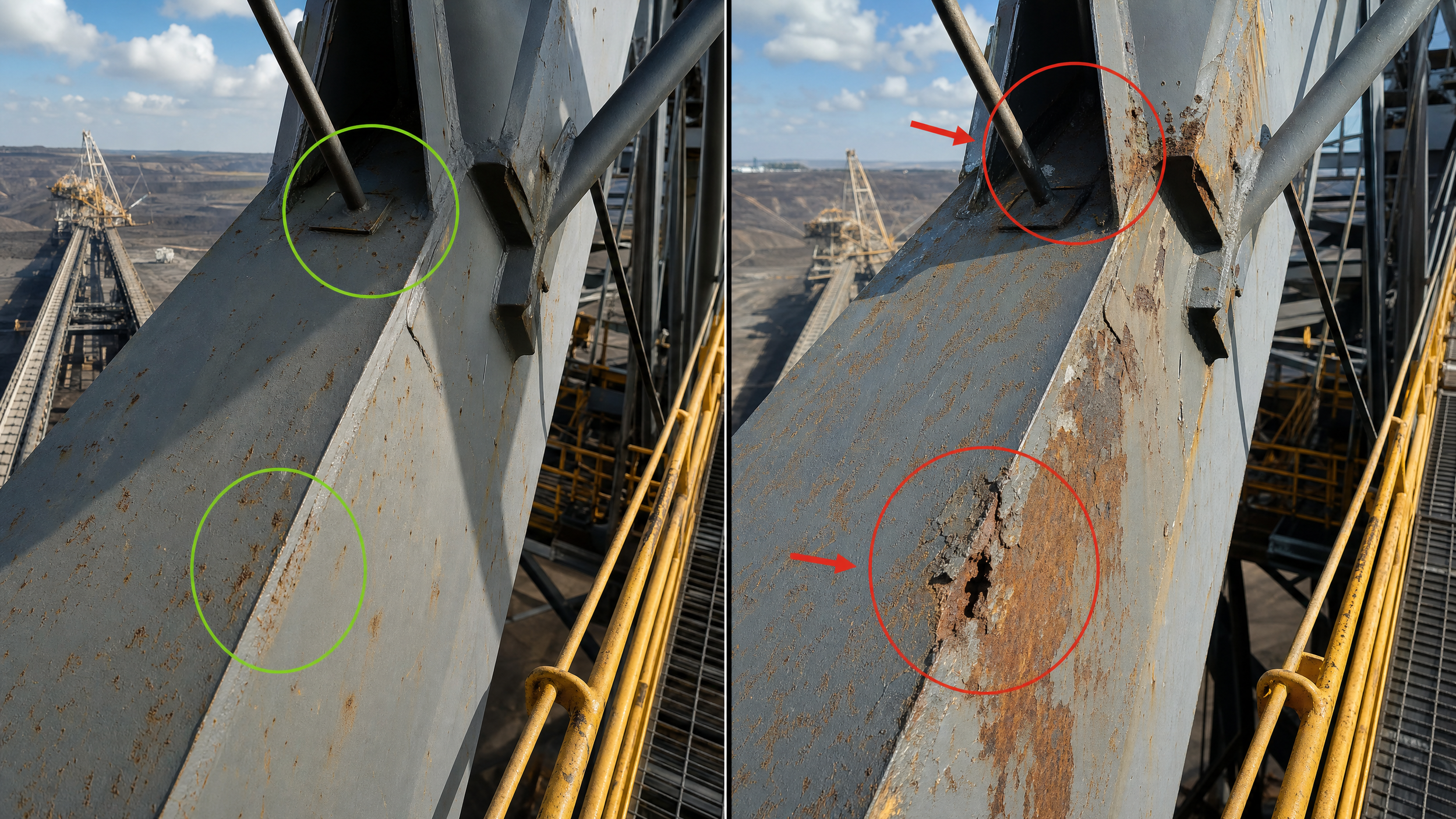 Side-by-side comparison of a metal structure with areas of rust and damage. The left photo has green circles highlighting areas of concern, while the right photo has red circles indicating corrosion locations by DeepSky IQ.