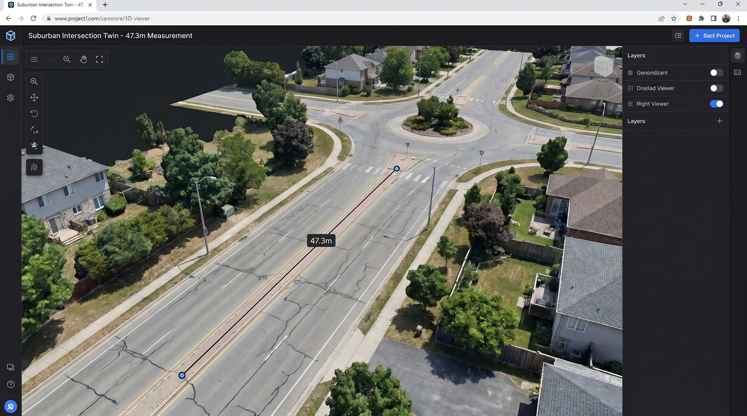 A 3D digital twin of a suburban residential street showing the obstructions for accurate measurements and assessments by DeepSky IQ