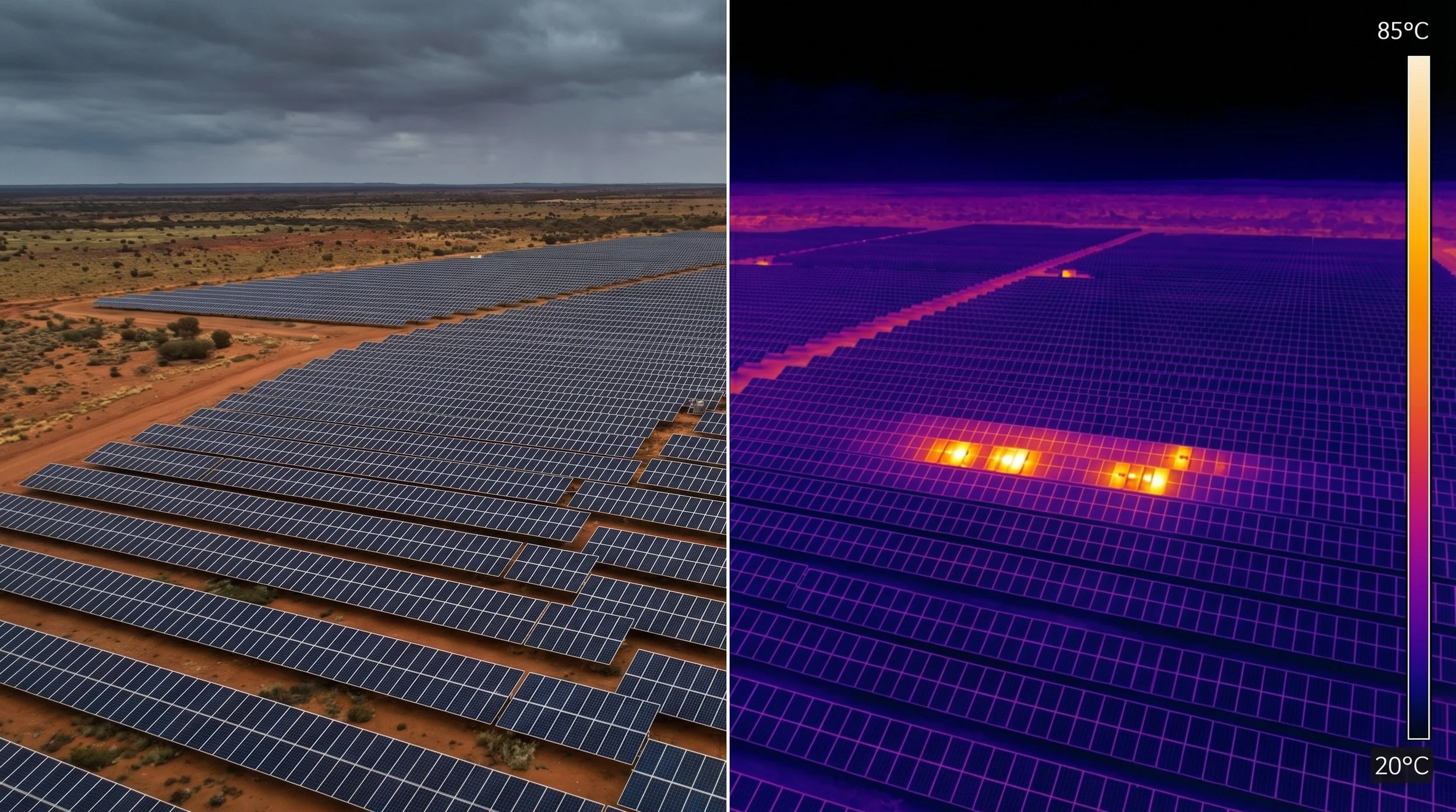 Thermal inspection of a solar farm, showing electrical malfunction and fire risks, by DeepSky IQ