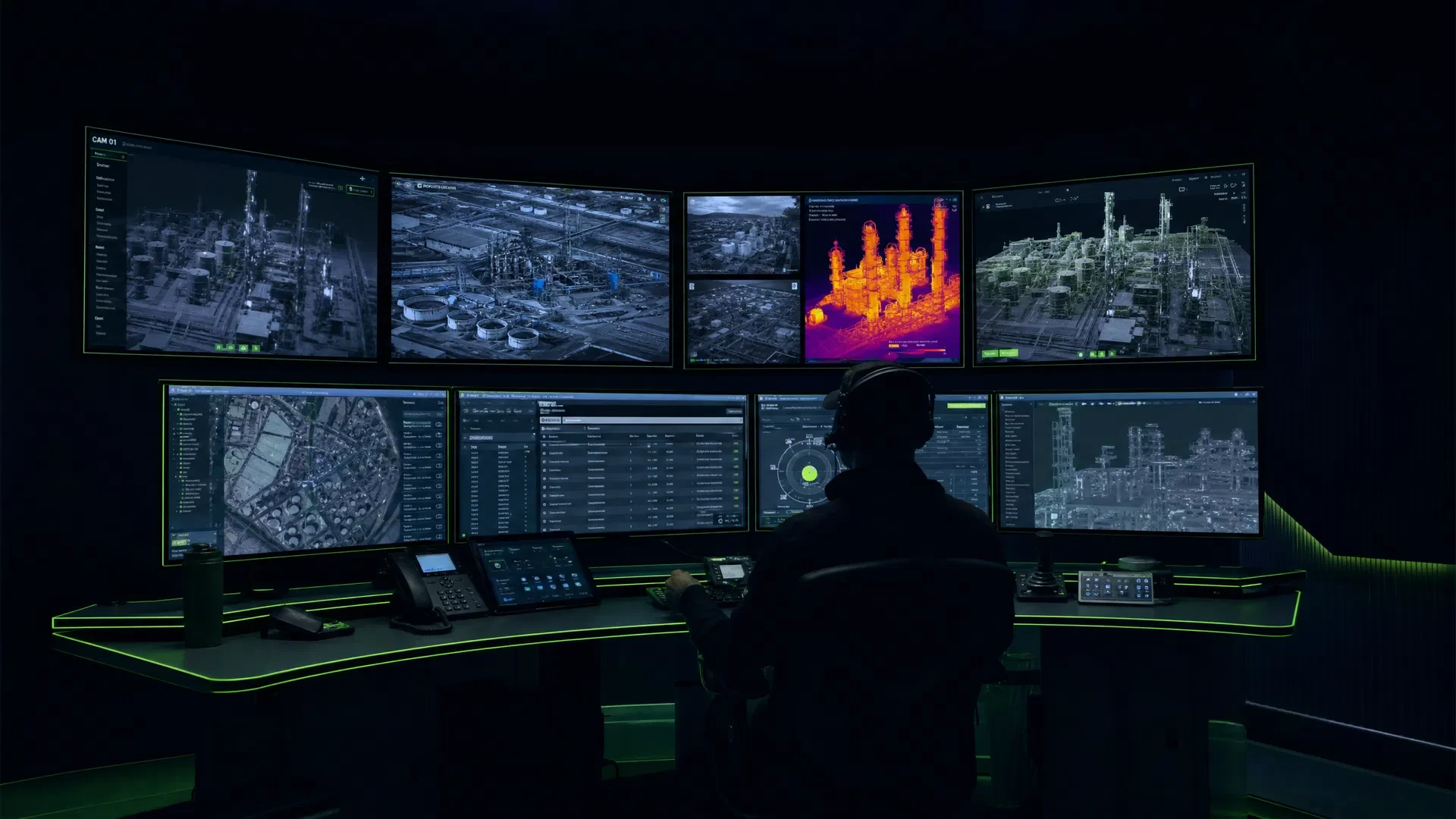 Remote Operations Drone Control room with multiple monitors displaying industrial, thermal and security data, and a person monitoring the screens by deepsky iq.