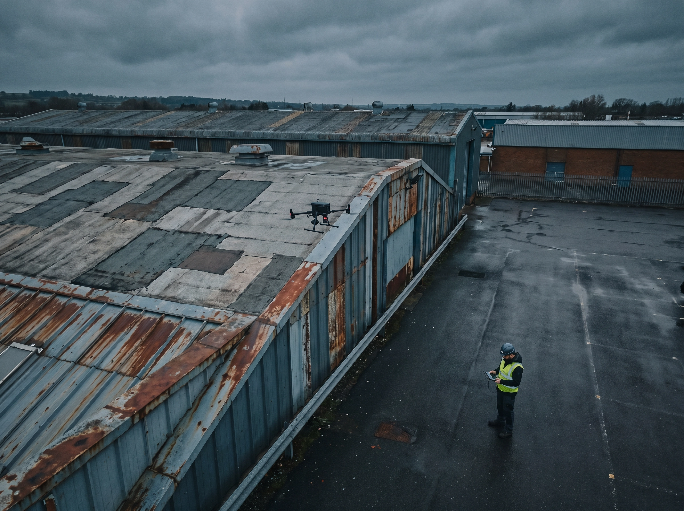 A rooftop idrone inspection for an insurance company, showing an industrial building with a rusted metal roof. A drone and a pilot in a yellow safety vest and helmet are standing on the ground, for damage assessment and claims reporting by DeepSky IQ