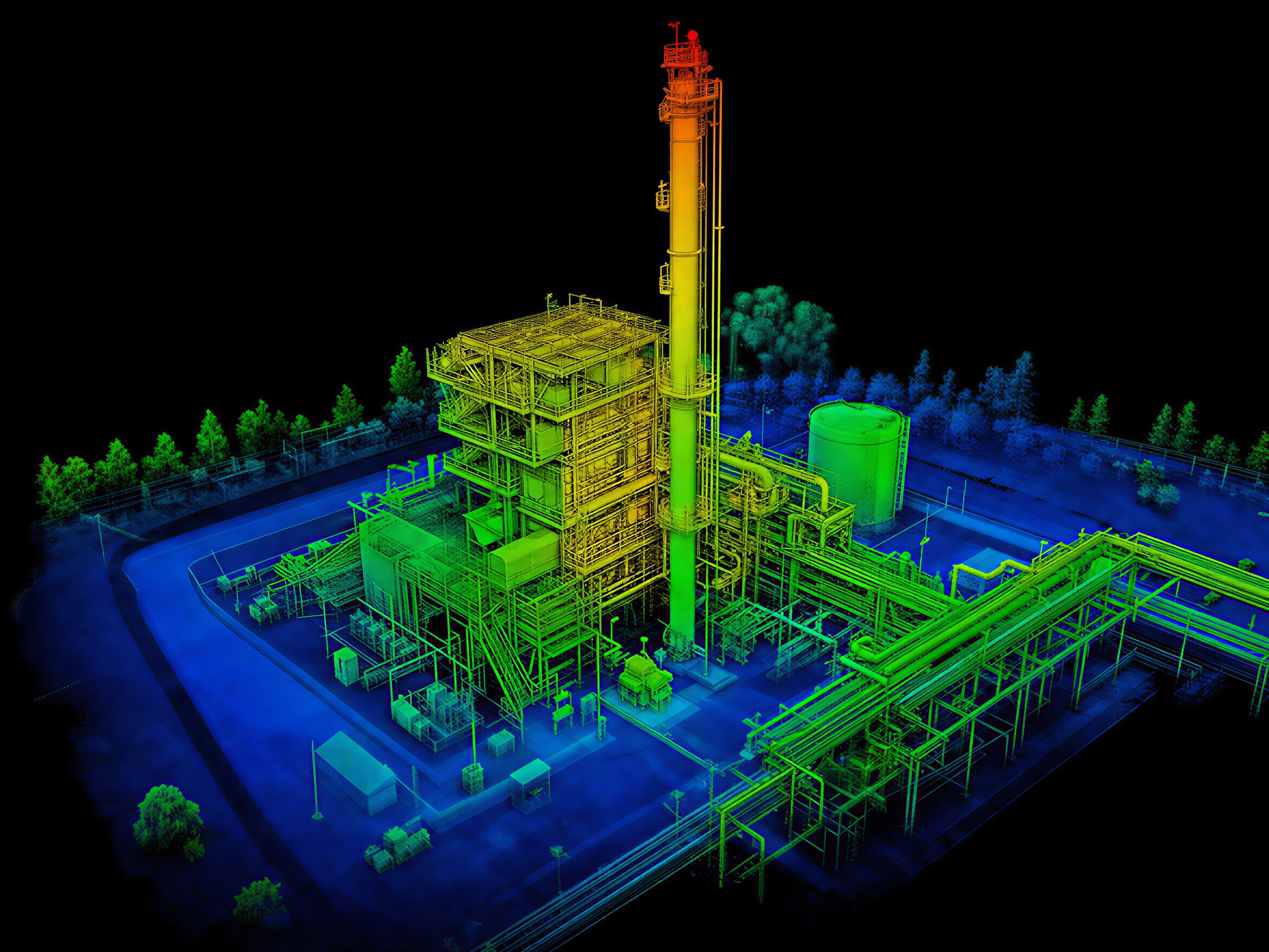 LiDAR 3D rendering by DeepSky IQ of an industrial refinery or plant with various pipes, structures, and equipment, surrounded by trees on a dark background.