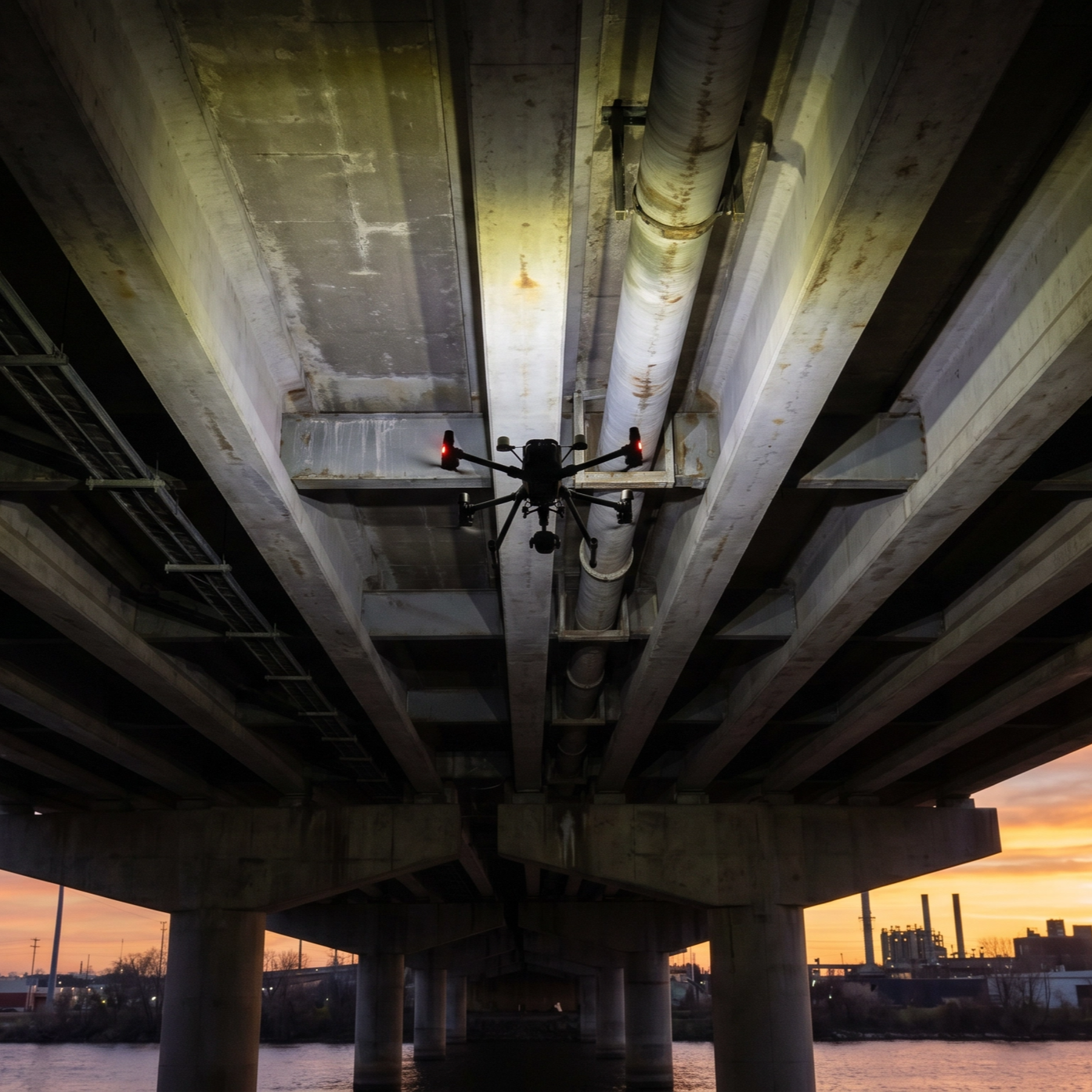 Infrastructure & Transport page link showing a drone undertaking a bridge inspection by deepsky iq