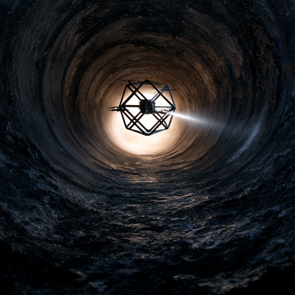 A caged drone completing a confined space lidar scan of pipeline by deepsky iq