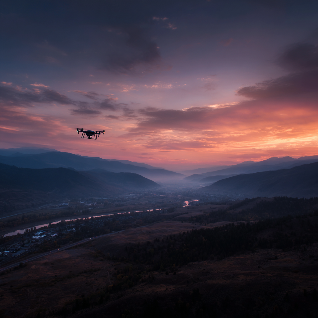 A drone flying over a valley during sunset with mountains in the background and mapping the environmental site by deepskyiq.