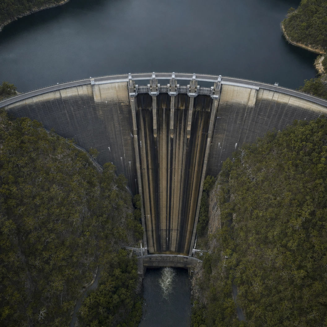 Aerial drone view of a large concrete dam spanning between two forested cliffs with water behind it.