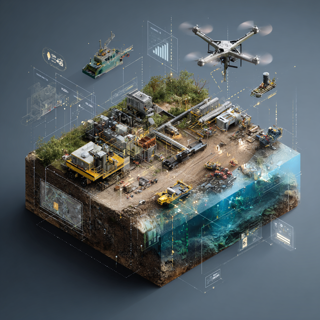 A digital illustration of a construction site with heavy machinery, a drone, and floating digital data overlays representing smart technology and connectivity.