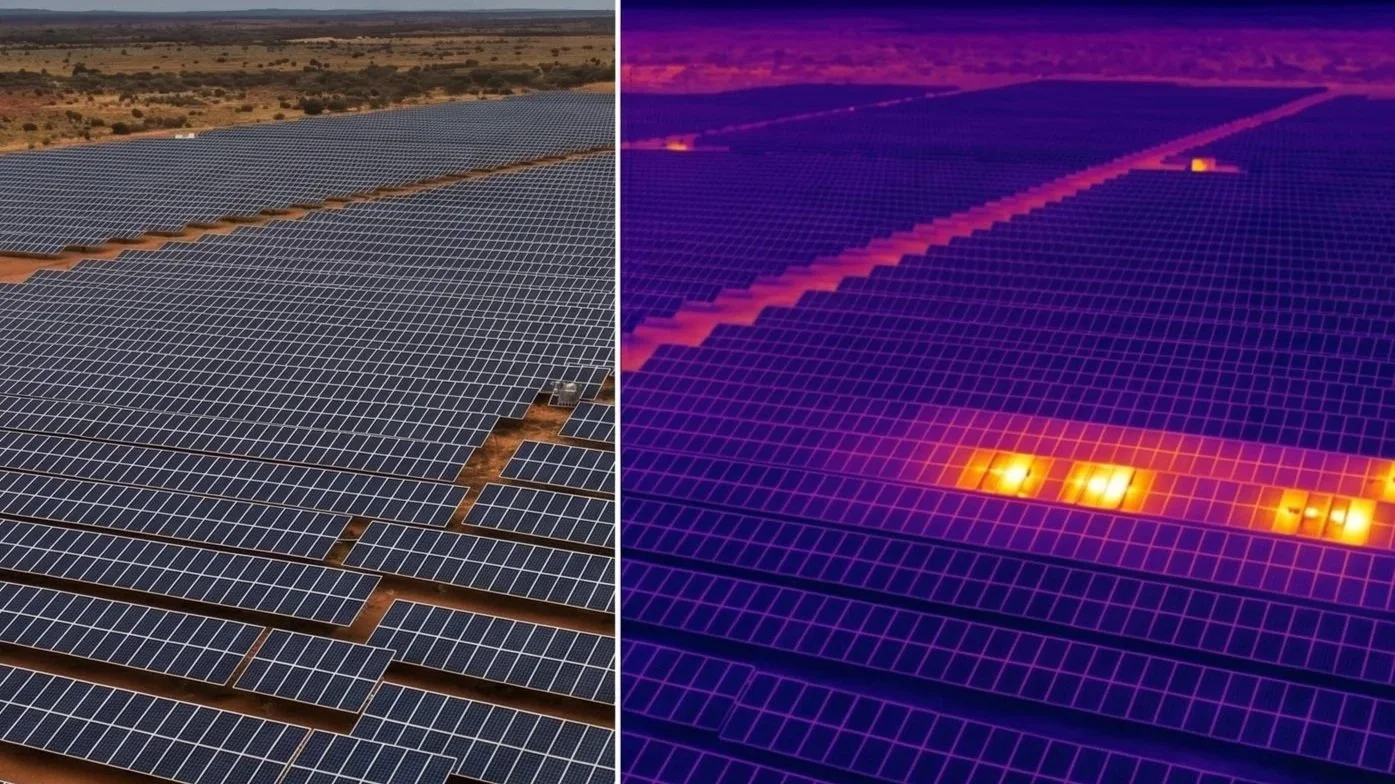 Aerial view of a large solar farm with solar panels in a desert landscape, shown in both high resolution and thermal imaging with clear cell failures present only visable by thermal imaging drone by DeepSky IQ