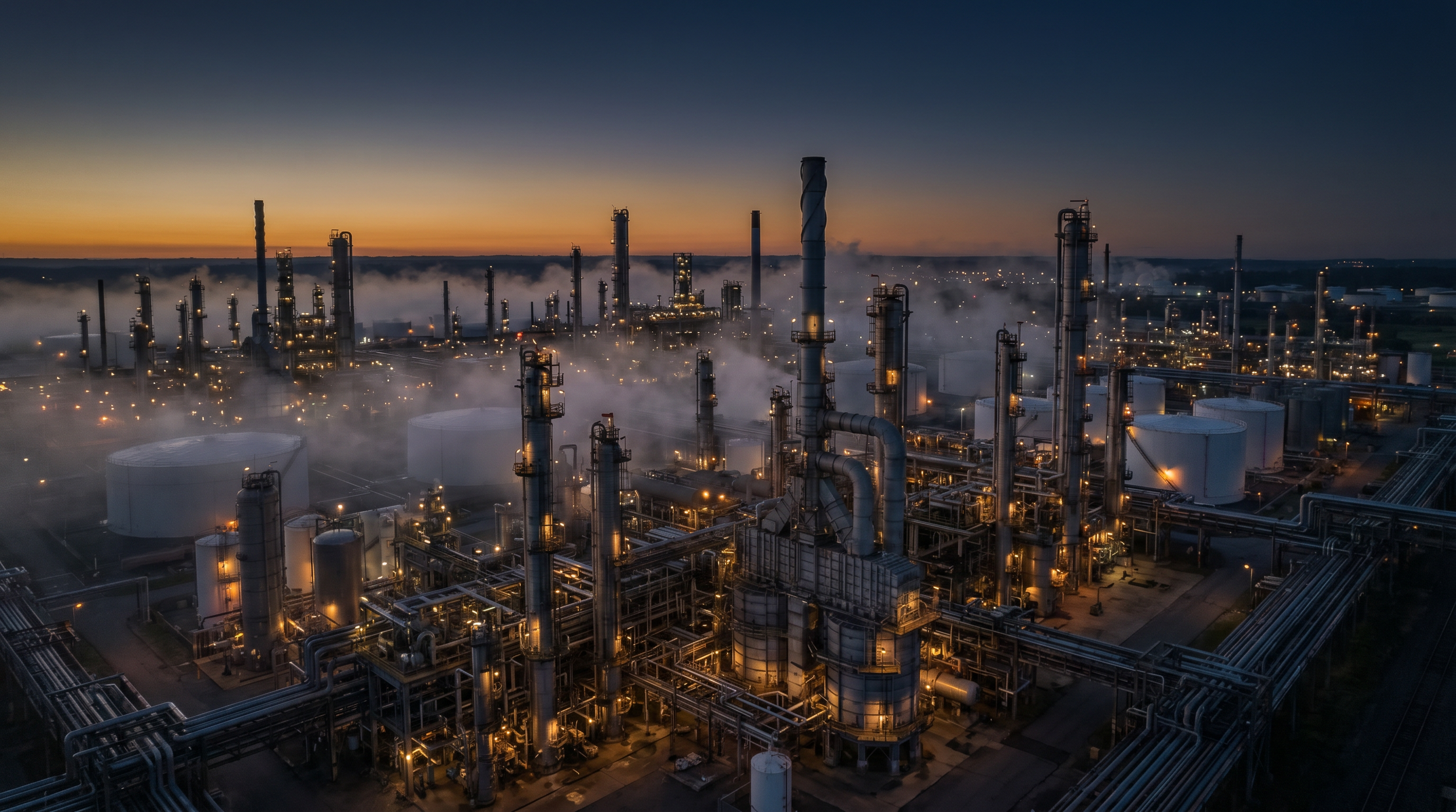 An industrial oil refinery drone mapping and inspections at dawn with numerous columns, pipes, and storage tanks emitting steam, by DeepSky IQ.