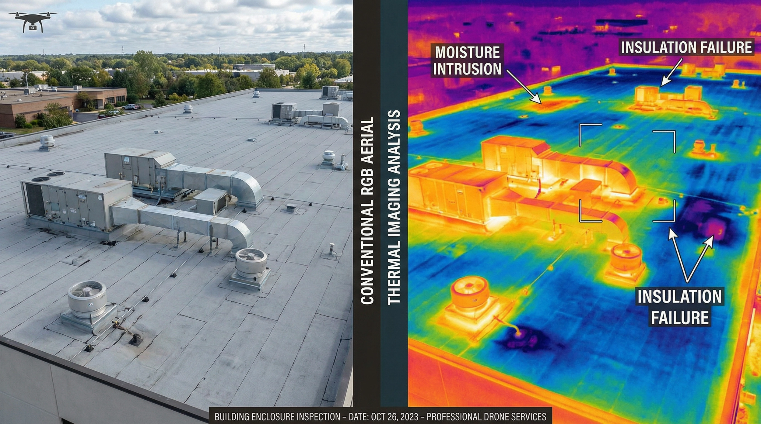 Side-by-side comparison of a building roof, with the left showing a normal aerial photo and the right showing a thermal image highlighting areas of moisture intrusion and insulation failure by DeepSky IQ.