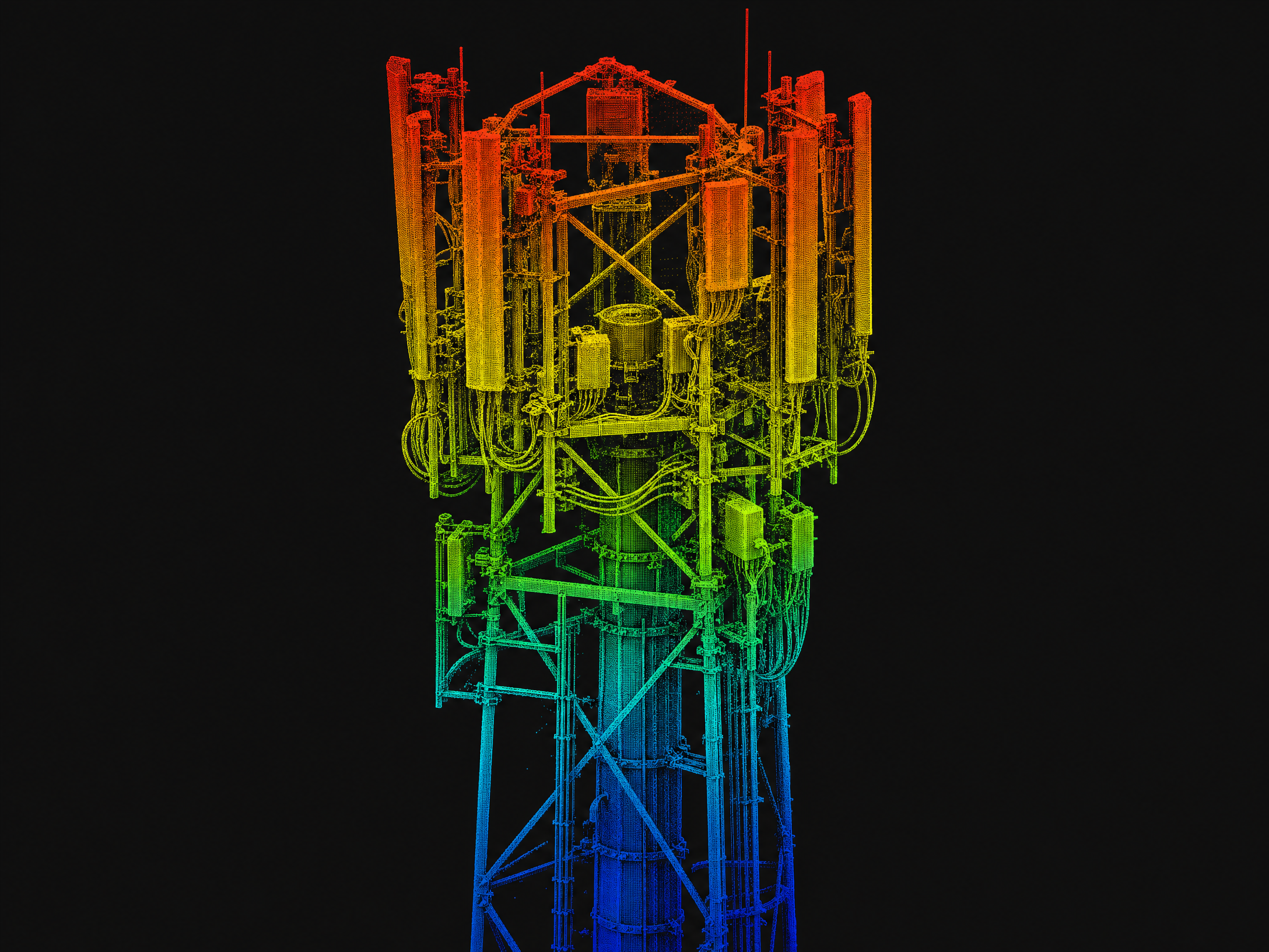 Colour gradient drone LiDAR 3D model, of a tall telecommunications tower by DeepSky IQ.