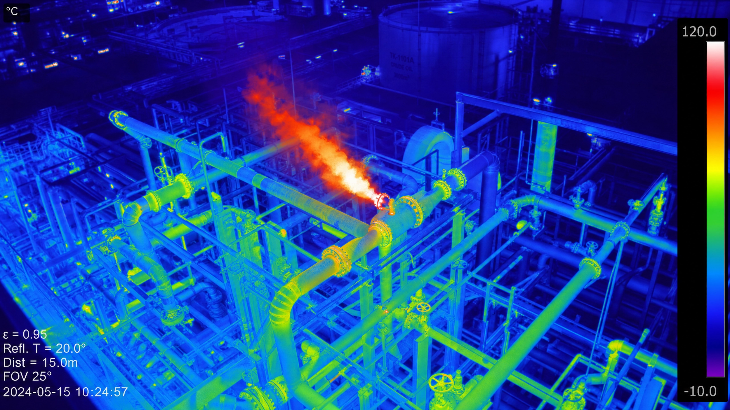 DeepSky IQ Aerial Drone Infrared thermal image of gas leaking from an industrial plant with pipes, valves, and tanks, showing a gas flare emitting bright orange heat.