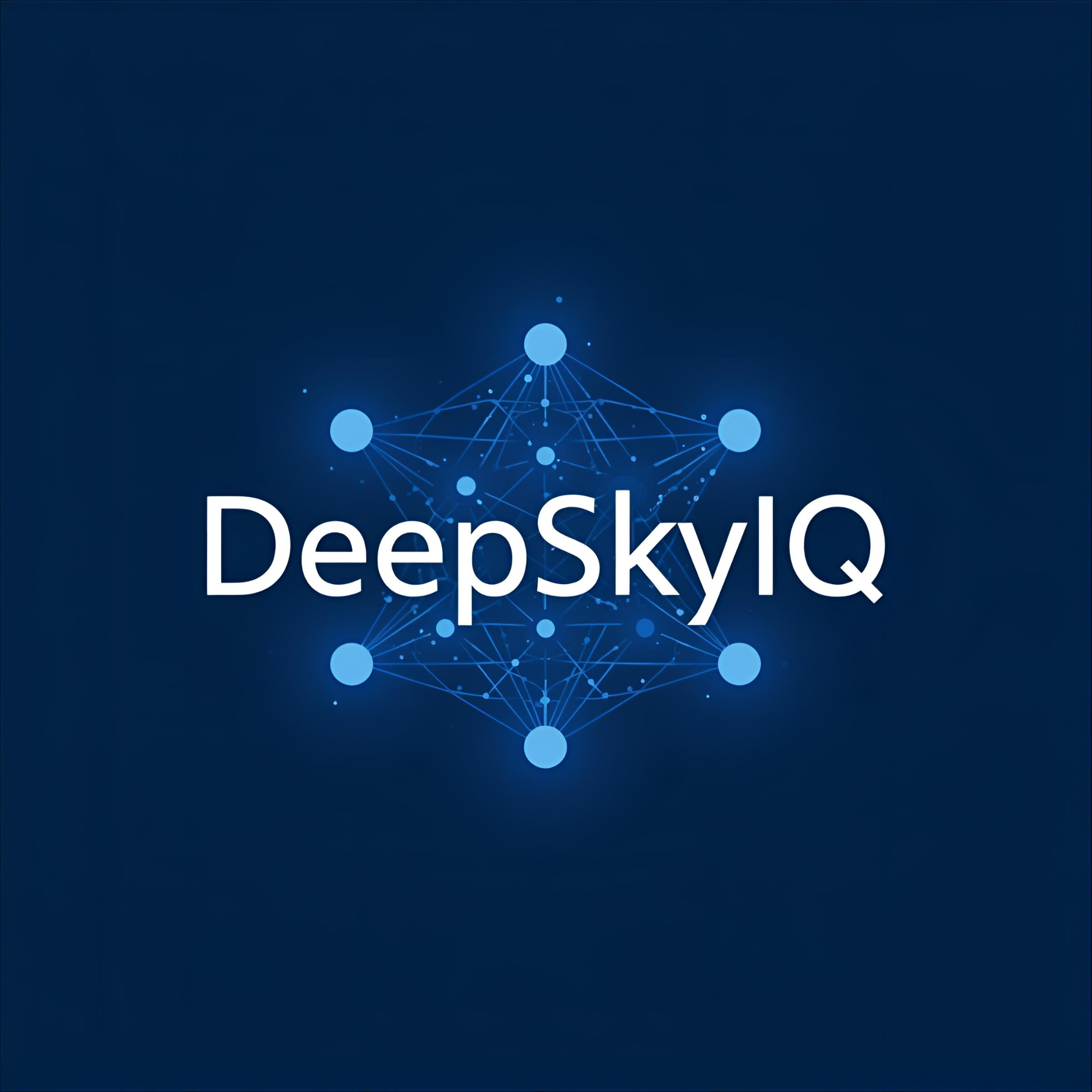 DeepSkyIQ logo with a blue background and a network of interconnected blue dots.