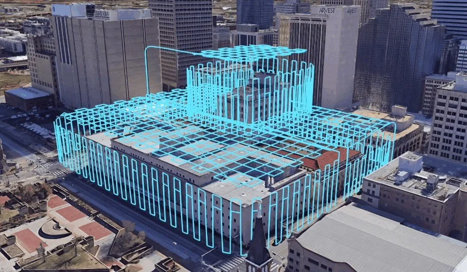 A tall building image representing how a drones will fly to capture a digital twin of a building by DeepSky IQ, featuring a digital overlay of a futuristic architectural structure in blue lines over a building.