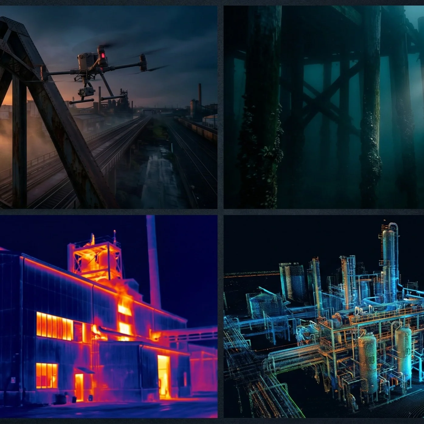 Top left: a drone over an industrial area at sunset; top right: an underwater submerged wooden; bottom left: a building inspection with thermal imaging; bottom right: a digital rendering of an industrial complex by DeepSky IQ.