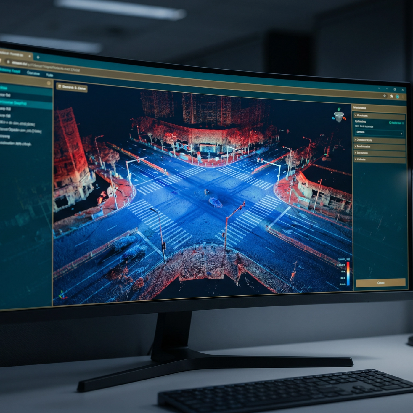 Computer monitor displaying a 3D point cloud model of a city intersection with streets, sidewalks, and traffic lights at night by deepsky iq