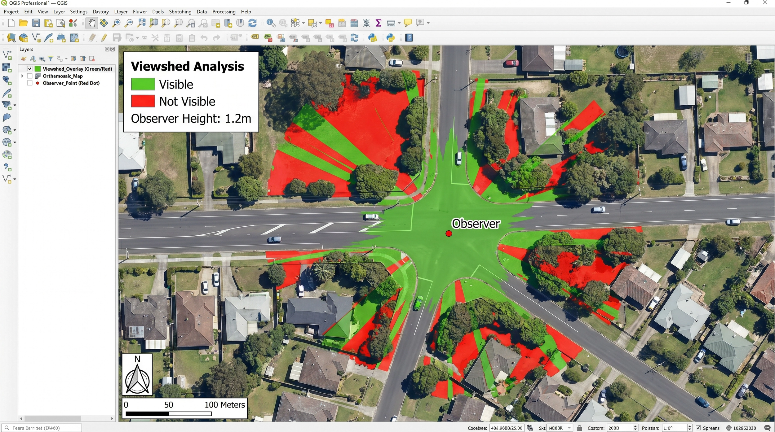 An aerial map showing a neighbourhood with labelled viewshed analysis, for an accident, POV is indicating visible (green) and not visible (red) areas from an observer point at 1.2 meters height, for legal and insurance assessment by deepsky iq.