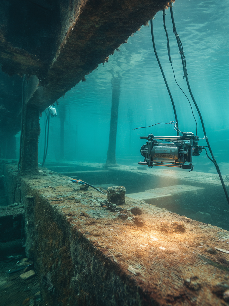 Underwater ROV inspecting a sunken structure, possibly a shipwreck, with the water illuminated by sunlight and old metal debris on the seabed by DeepSky IQ.