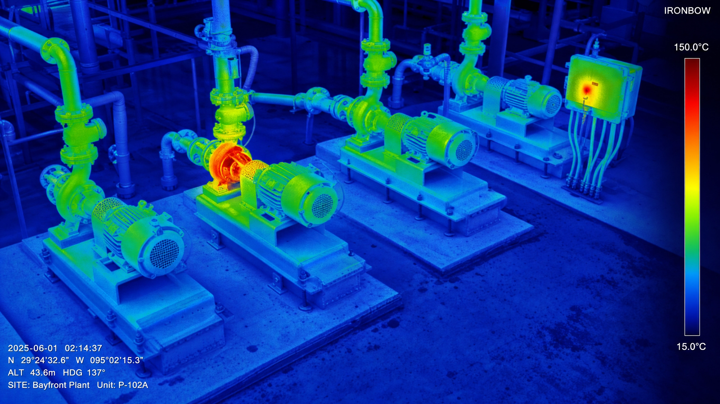 Infrared thermal image of industrial pumps and piping at an industrial site, with drone radiometric temperature readings on the right indicating hot spots at around 150°C and cooler areas at 15°C, timestamps, and location details by DeepSky IQ.