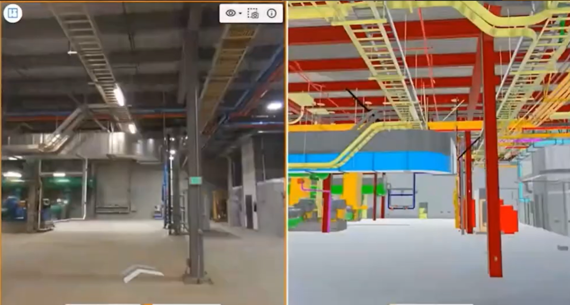 Comparison between a real industrial warehouse and a digital 3D model of the same space, showing structural beams, pipes, and overhead equipment.