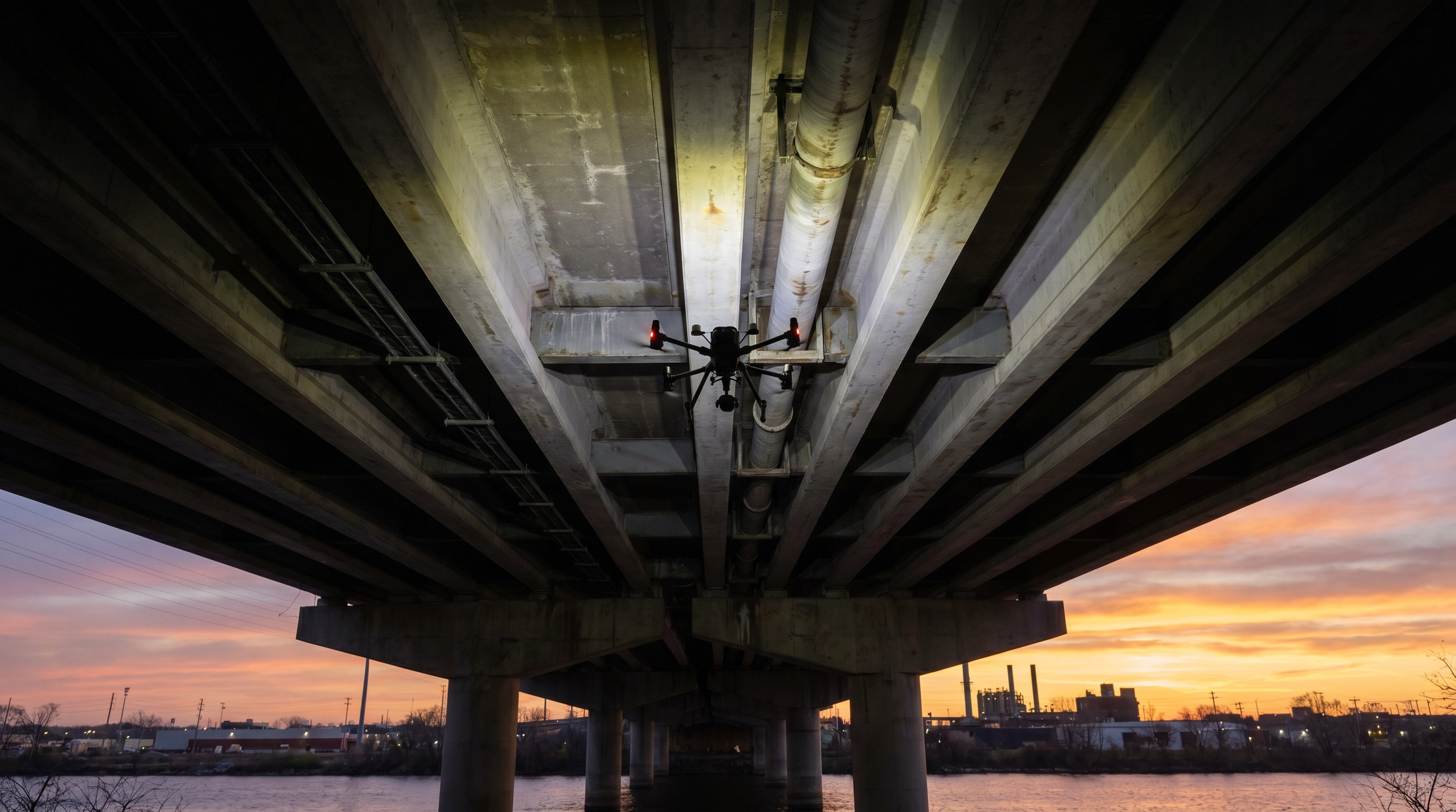 A drone inspection of a large bridge during sunset by DeepSky IQ.