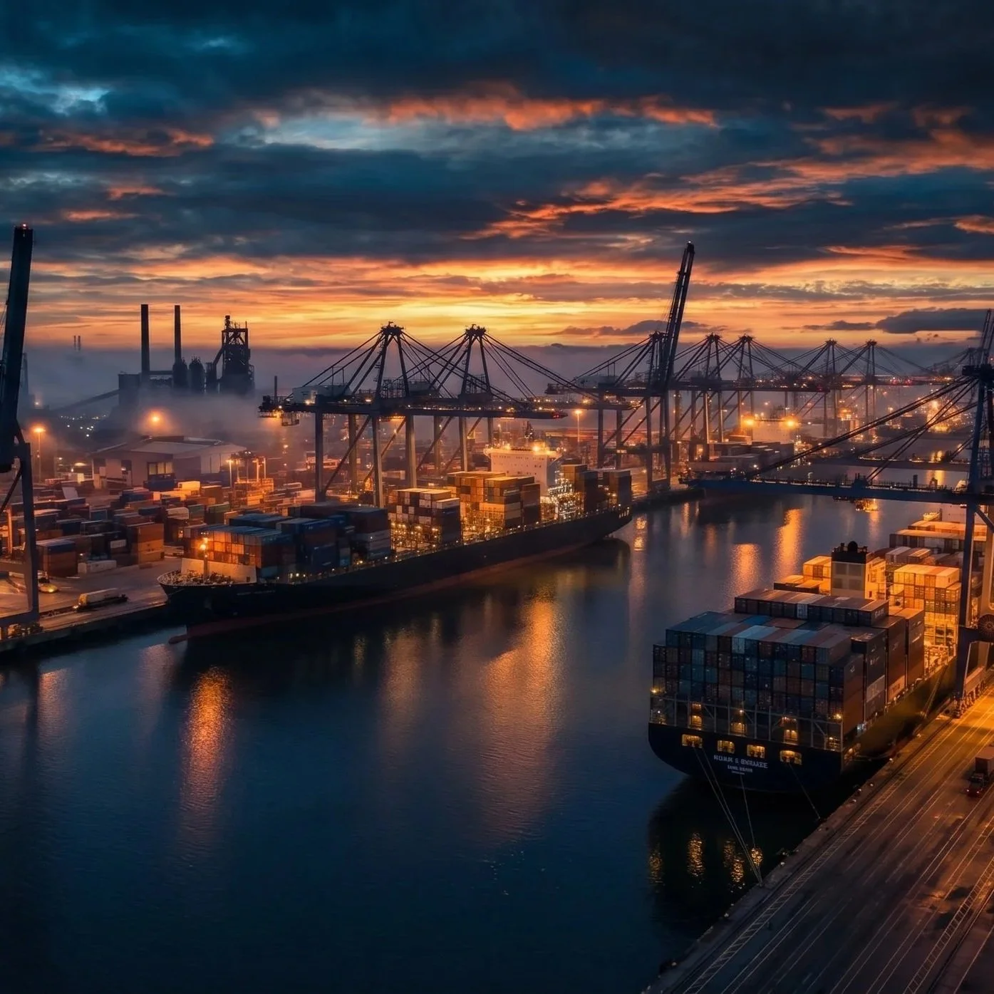 A drone aerial view of a large port at sunset with containers, cranes, and a large cargo ship on the water as an example for the drone security and inspection by DeepSky IQ.
