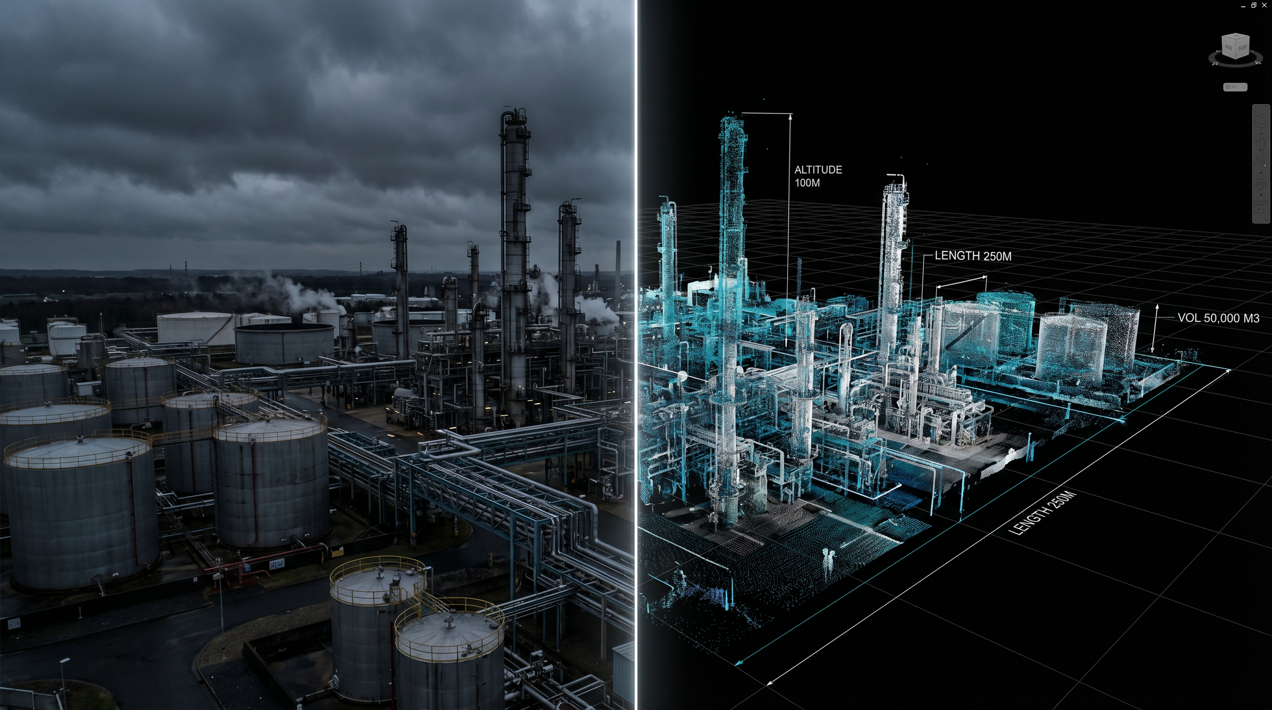 A split image showing an industrial oil refinery and a holographic 3D digital model of the same refinery with measurements and annotations, as an example from Deepsky IQ.