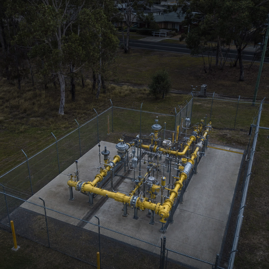 Drone image by DeepSky IQ of an outdoor industrial gas control and piping system enclosed by a chain-link fence on a concrete pad, with trees and a road in the background lloking for visual and thermal gas leackage and condition reports.
