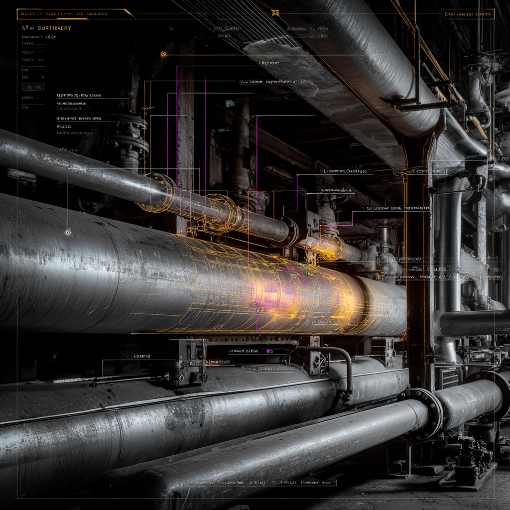 A large industrial setting with multiple metallic pipes, some highlighted with digital annotations and overlays of detects, using a confined space drone by DeepSky IQ.