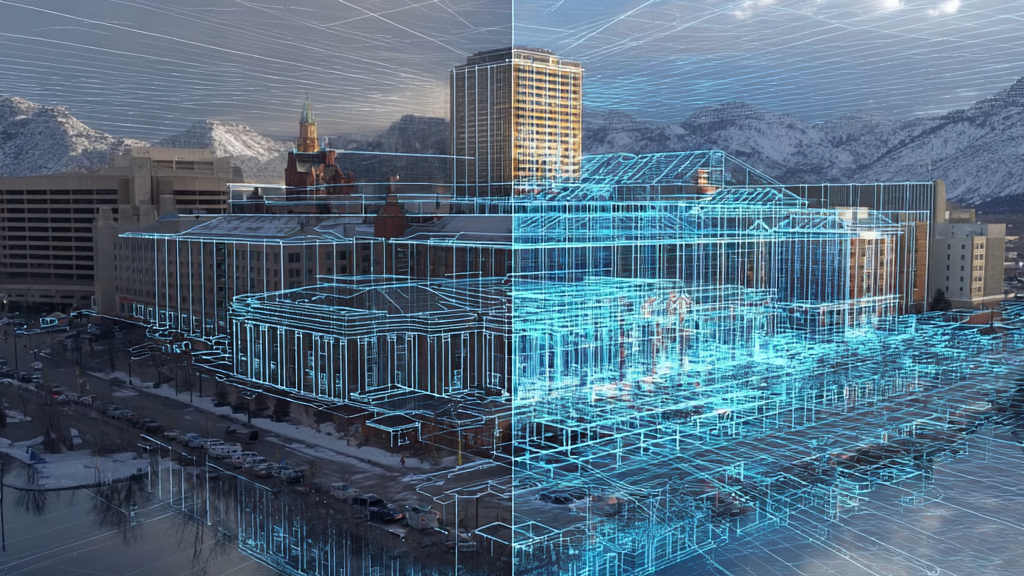 Digital representation of aerial drone data capture around a building with blue lines