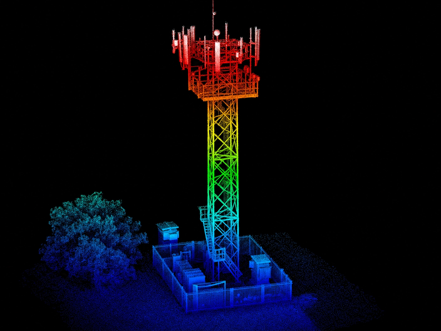 Lidar point cloud image of a cell tower illuminated in rainbow colours, with a tree and small structures nearby taken by a drone from DeepSky IQ