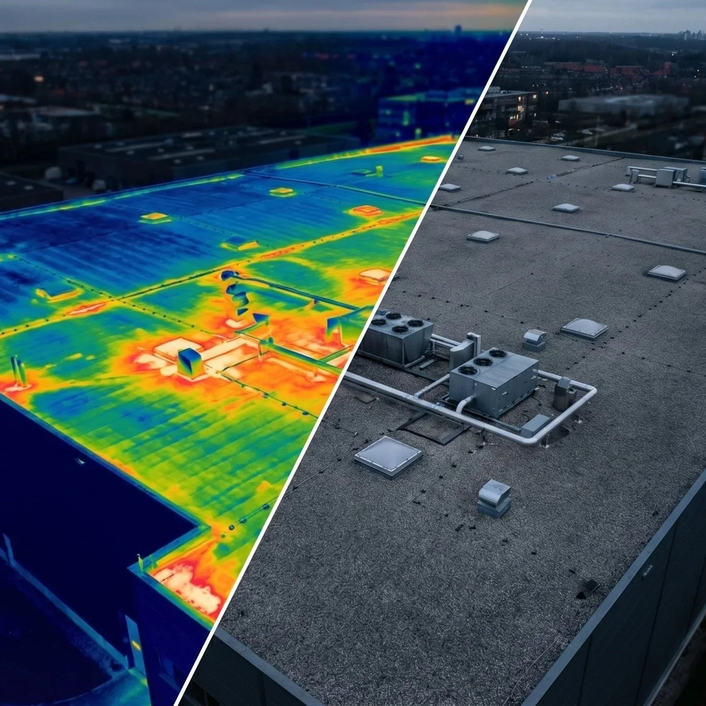 The image shows a side-by-side comparison of two views of the same rooftop. The left side is a thermal infrared scan of the roof showing heat variations and defects. The image is taken using a drone by DeepSky IQ