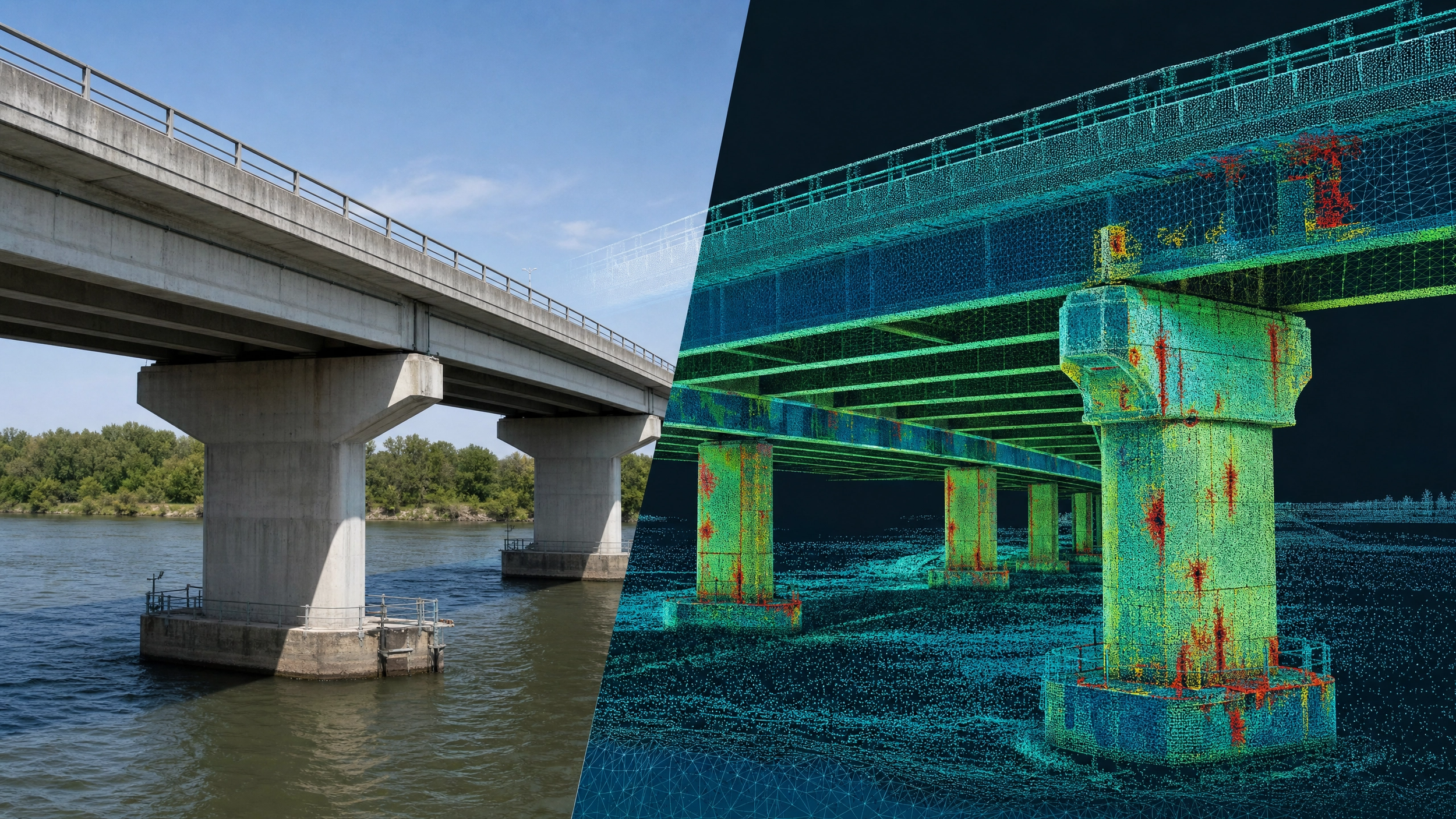 A digital twin by DeepSky IQ of a concrete bridge, with the left side showing the visual bridge and the right side displaying a digital 3D scan with visible defects.
